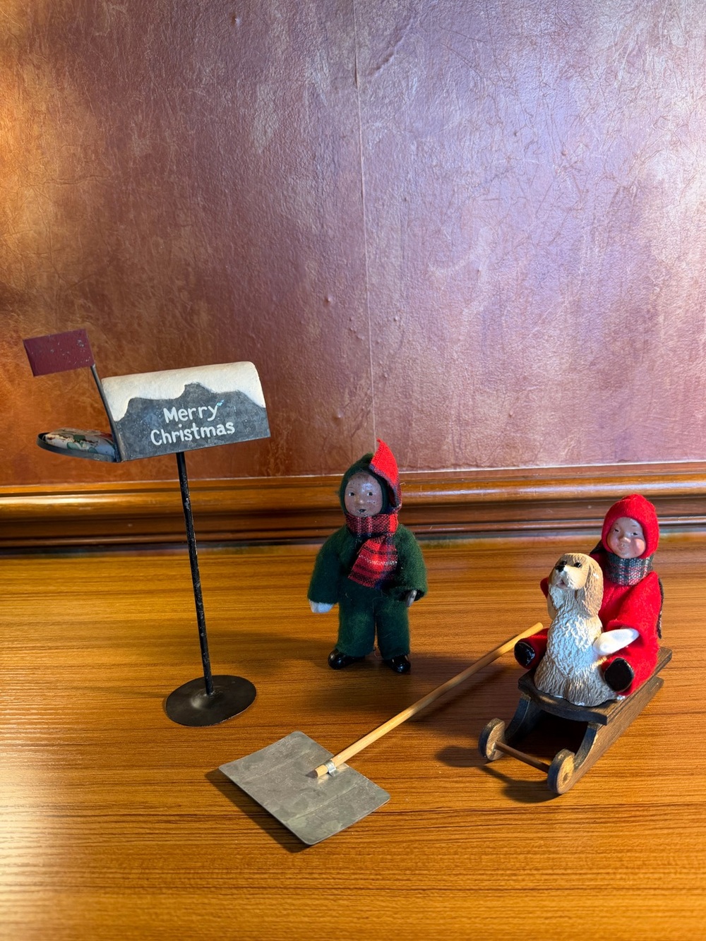 Byers Choice Caroler Lot 4: 1991 Sled Dog, 1992 Child in Green, Shovel, Mailbox